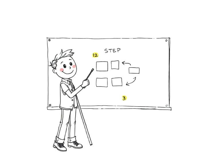 Illustration of a tutor pointing at a step map on a whiteboard